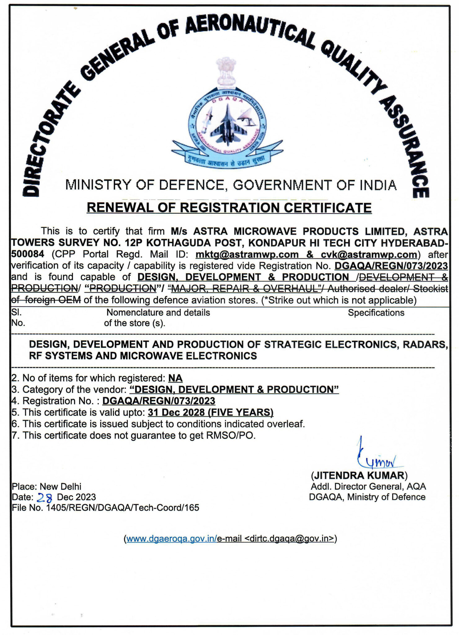 Quality Certificates Astra Microwave Products Ltd 
